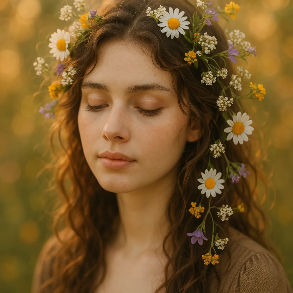 A gentle portrait of a girl with flowers in her hair.