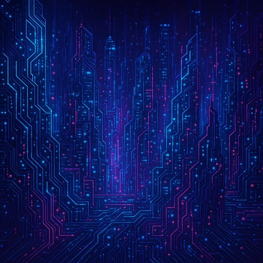 An abstract city made of glowing circuit boards.