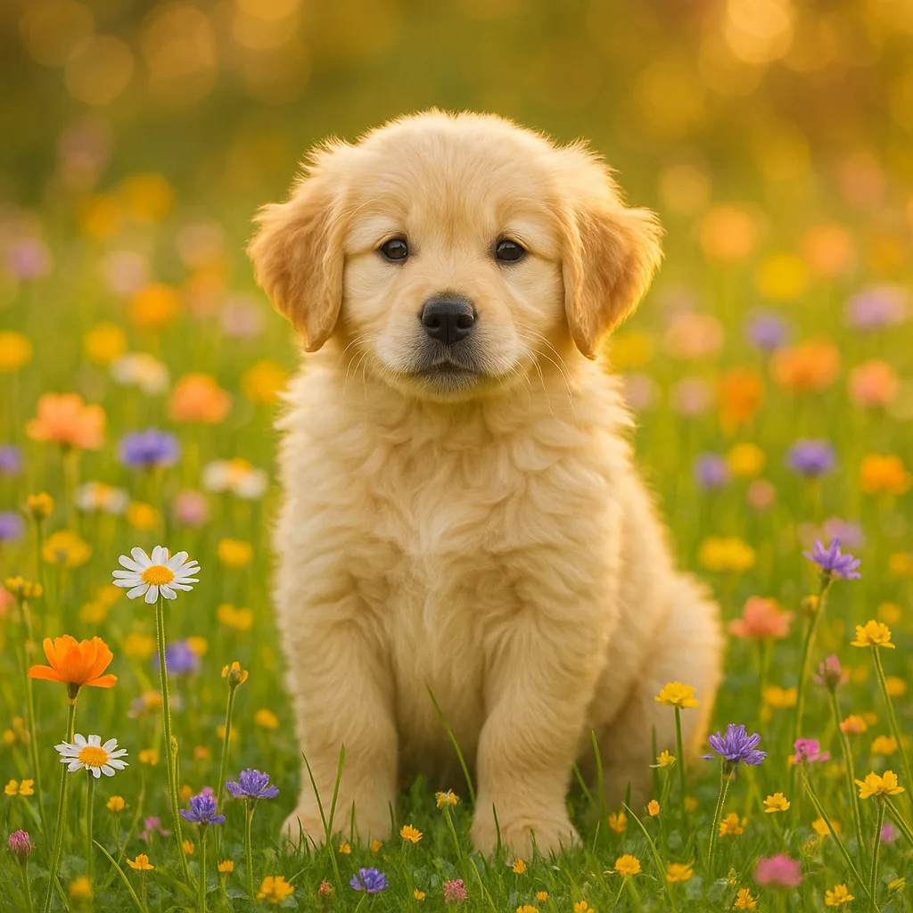 A fluffy golden retriever puppy among spring wildflowers in warm golden light.