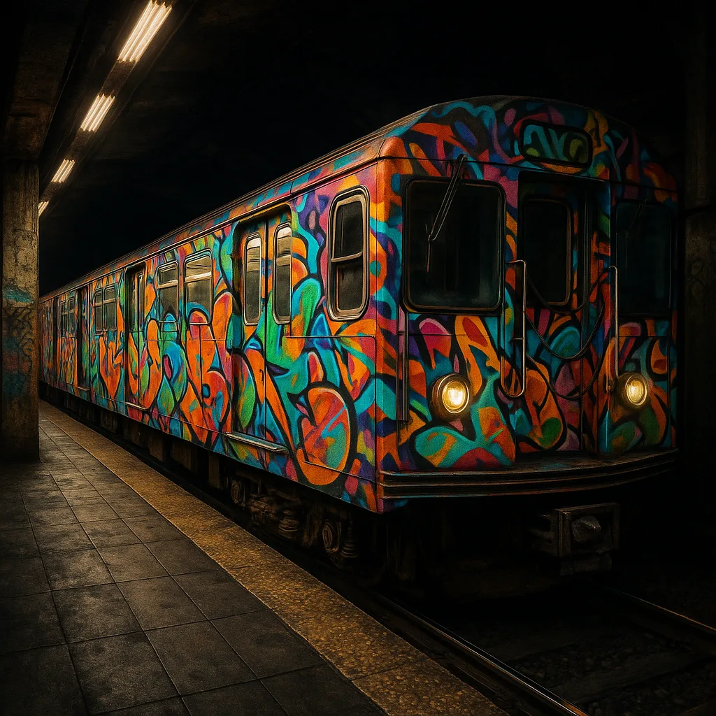 A subway train covered in colourful graffiti.