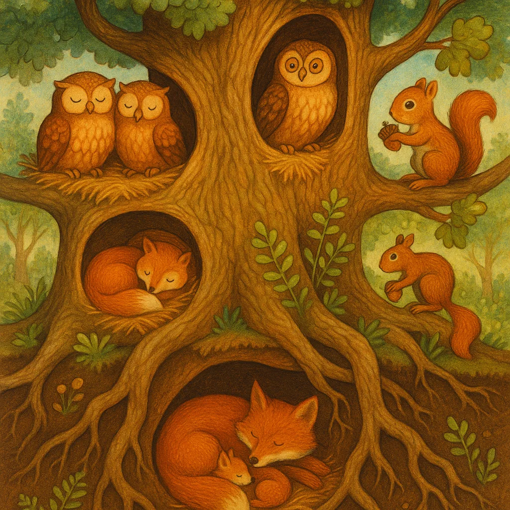 A cutaway of a giant tree with burrows and roots.