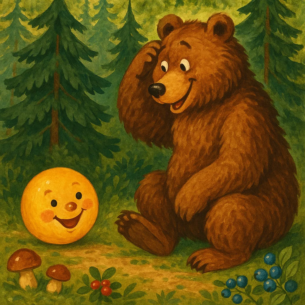 The brave little bun rolling past a big good-natured brown bear in the deep forest.