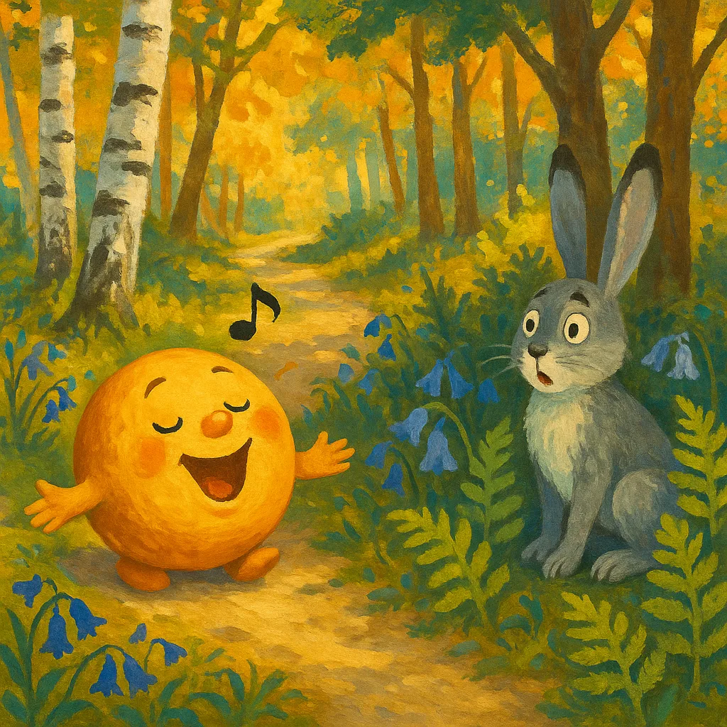 The rolling bun singing his song to a surprised grey hare on the forest path.