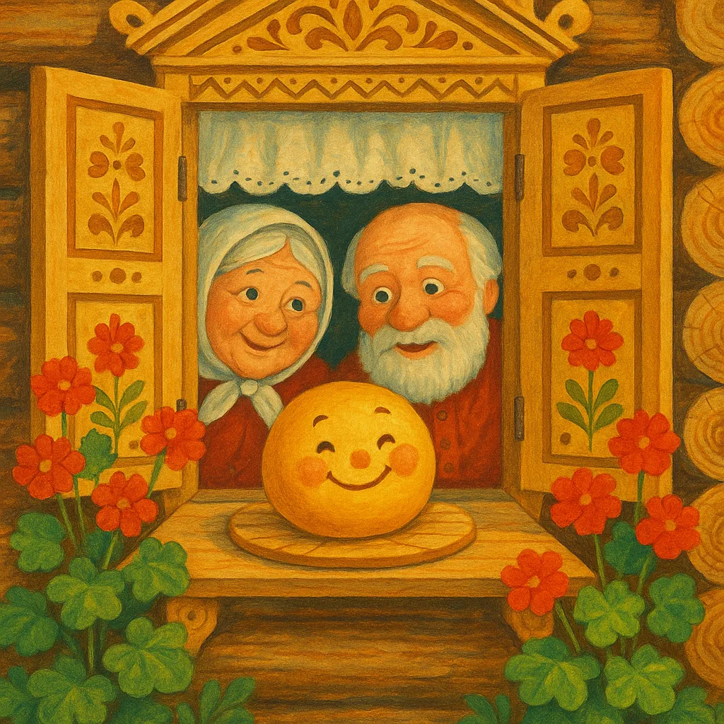 A freshly baked round bun with a cheerful face cooling on a village windowsill.