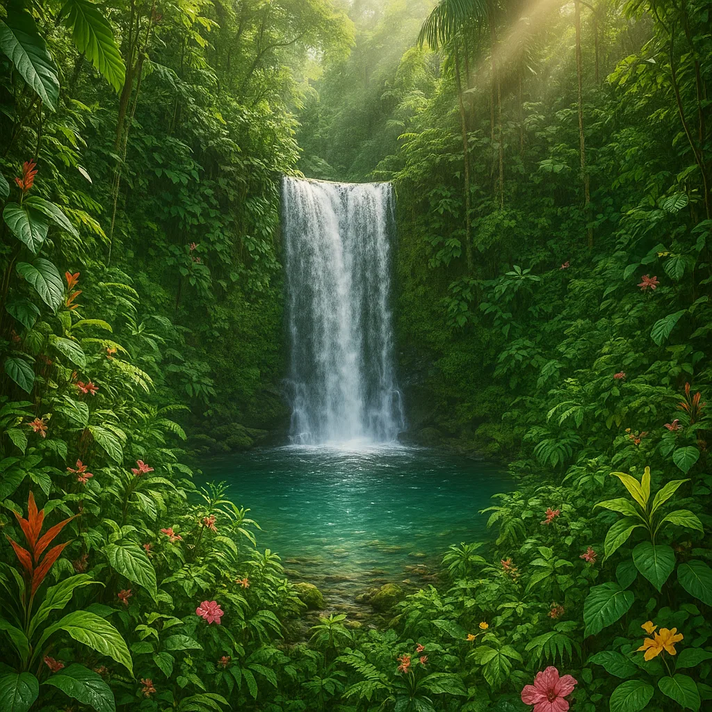 A hyper-detailed hidden waterfall deep in a lush jungle.