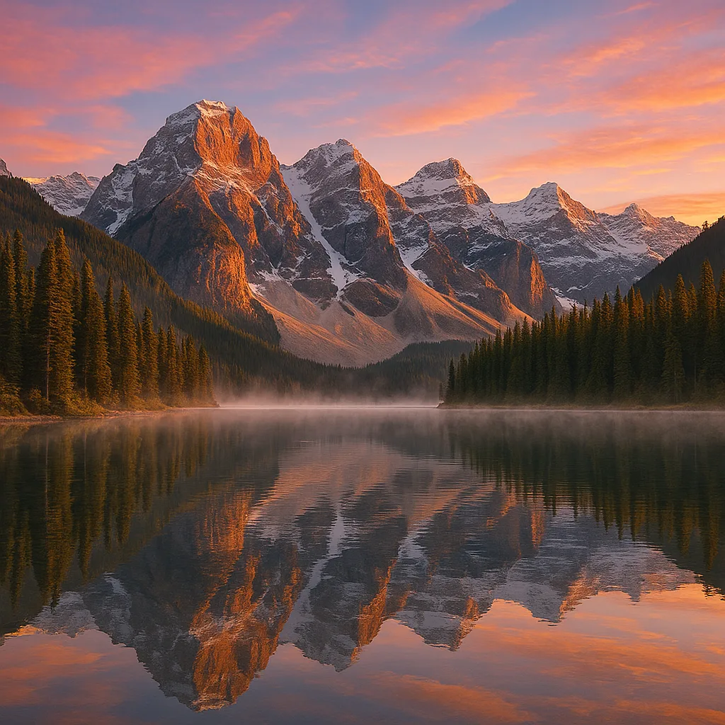 A serene mountain lake at dawn with mist and mirror-still reflections of snowy peaks.