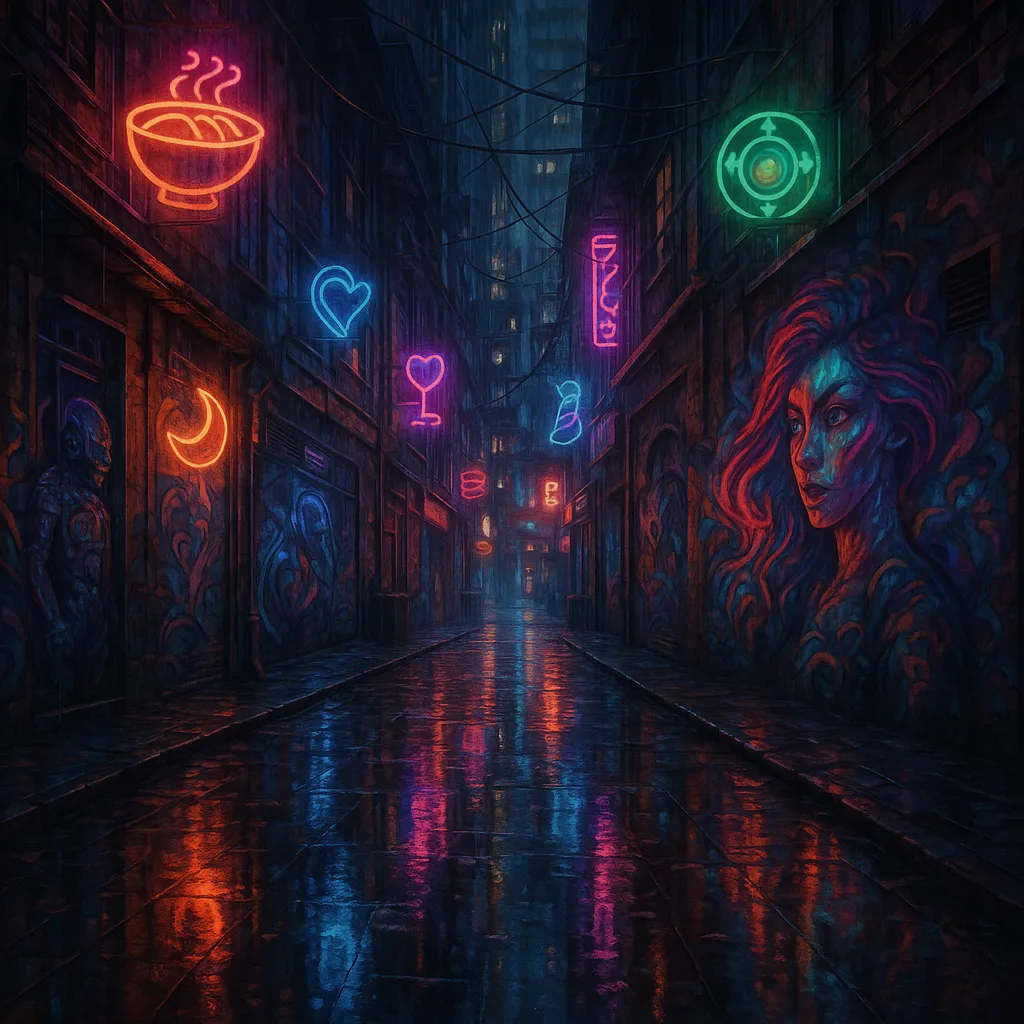 A rain-soaked neon cyberpunk alley with street art.