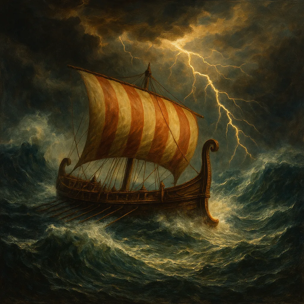 A lone Greek galley battling towering waves in a god-sent storm.