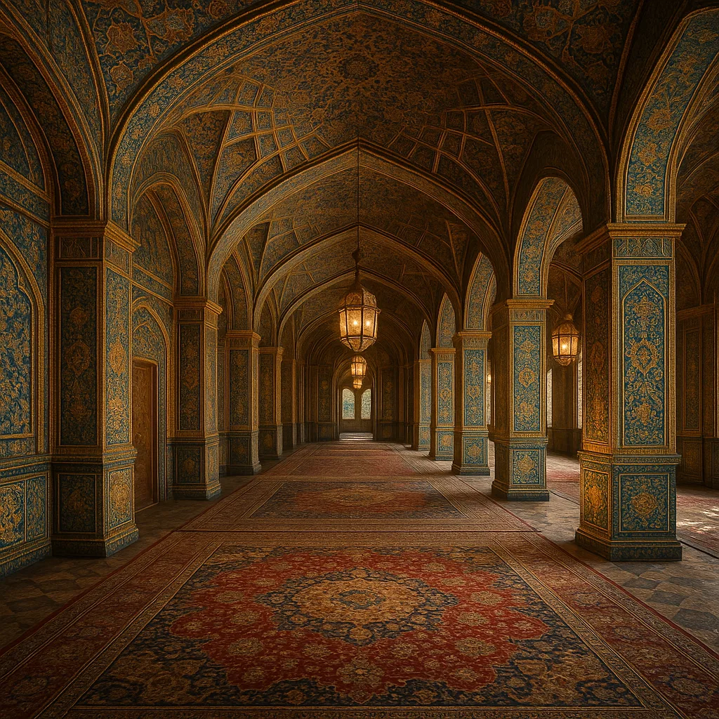 A breathtakingly ornate Persian palace hall in rich detail.