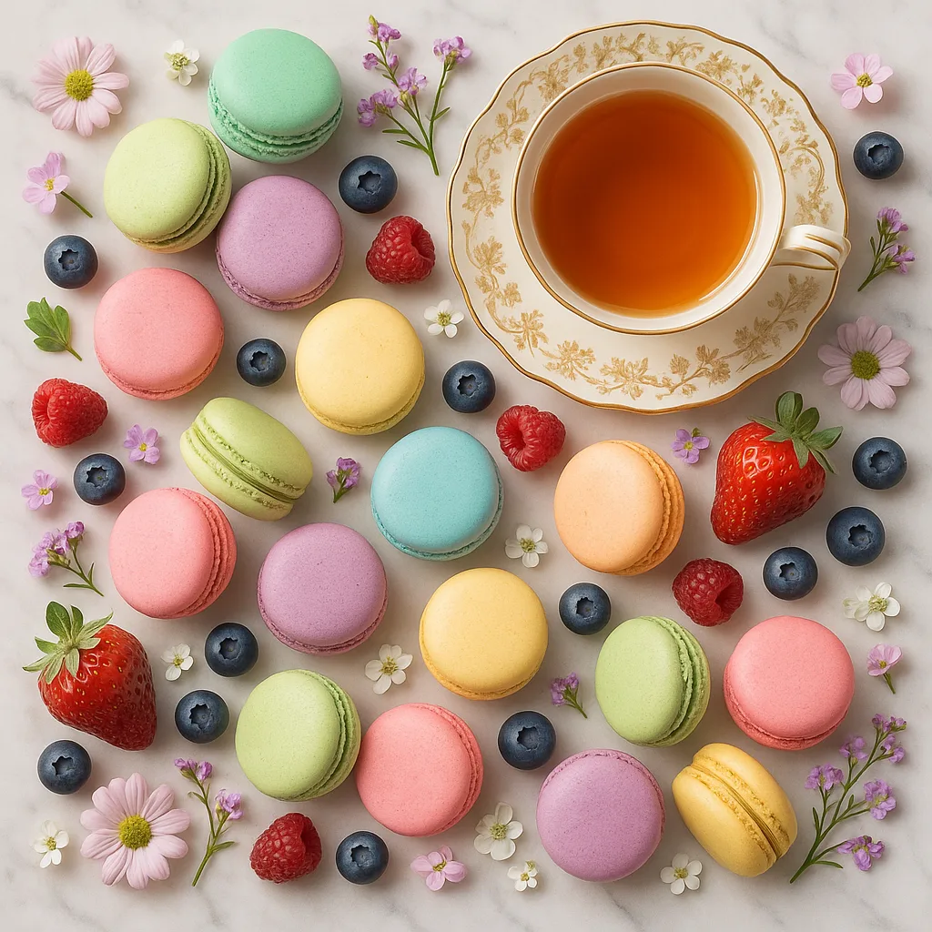 An elegant flat-lay of pastel macarons, tea, berries and flowers on marble.