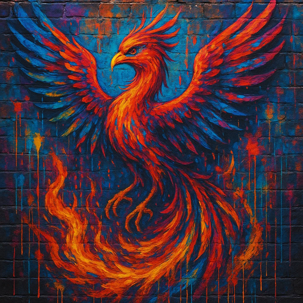 A vivid spray-paint phoenix mural on a brick wall.
