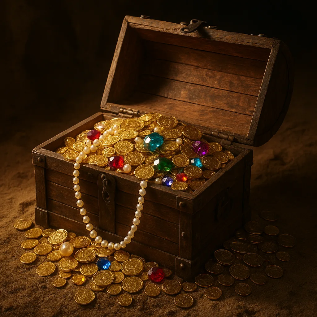 An open pirate chest spilling gold coins and jewels.