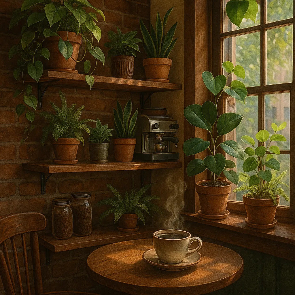 A warm coffee corner full of plants and soft light.