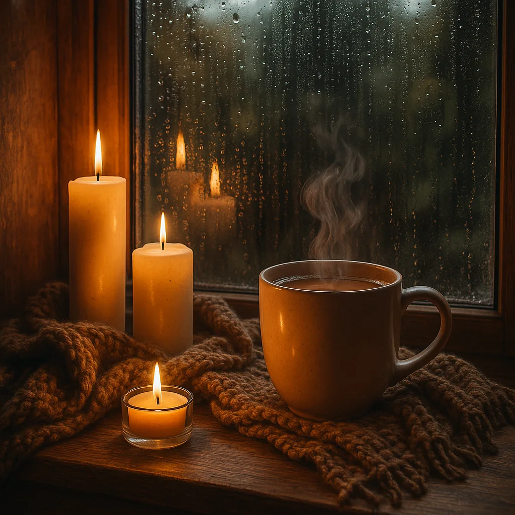 A cozy candlelit window on a rainy day.