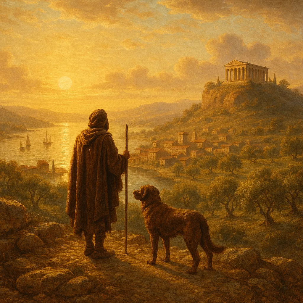 A weathered wanderer and his faithful old dog overlooking the harbor of home at sunrise.