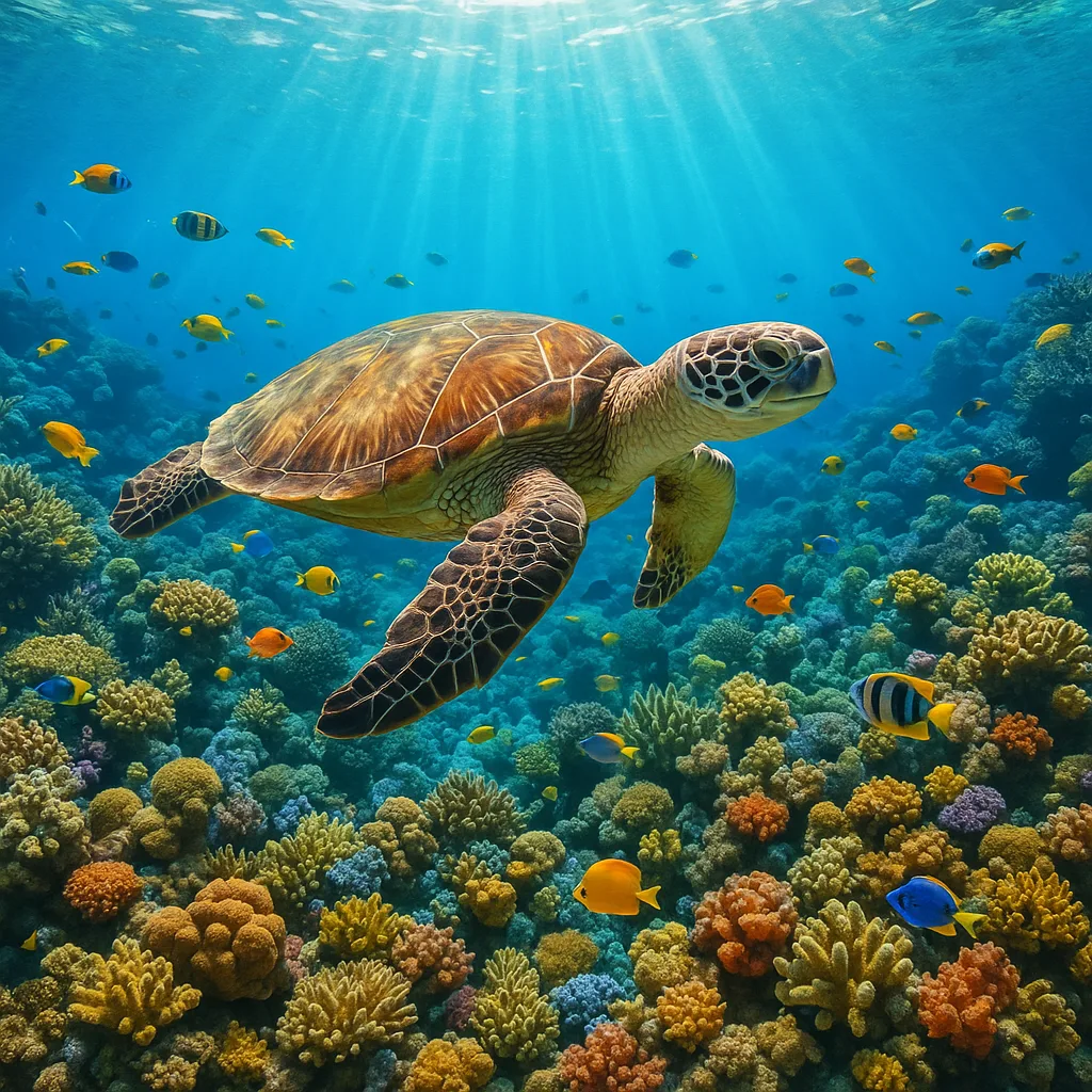 A sea turtle gliding over a colourful coral reef in clear turquoise water.