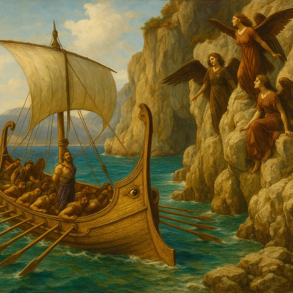 A Greek ship gliding past the rocky isle of the singing sirens.