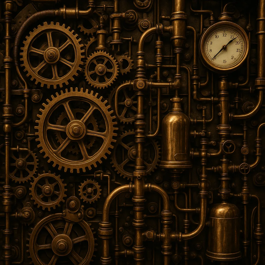 An intricate steampunk machine of brass gears and pipes.