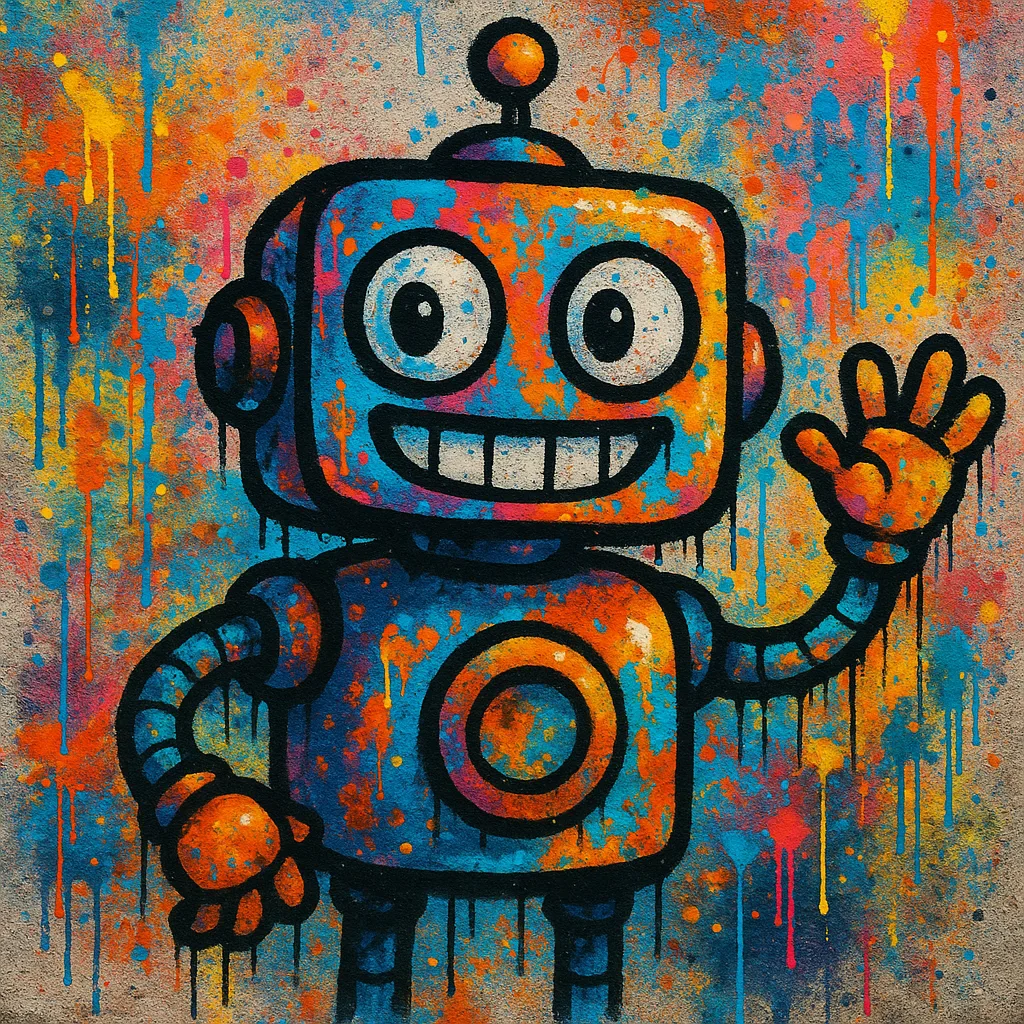 A friendly robot painted in vibrant street-art style.
