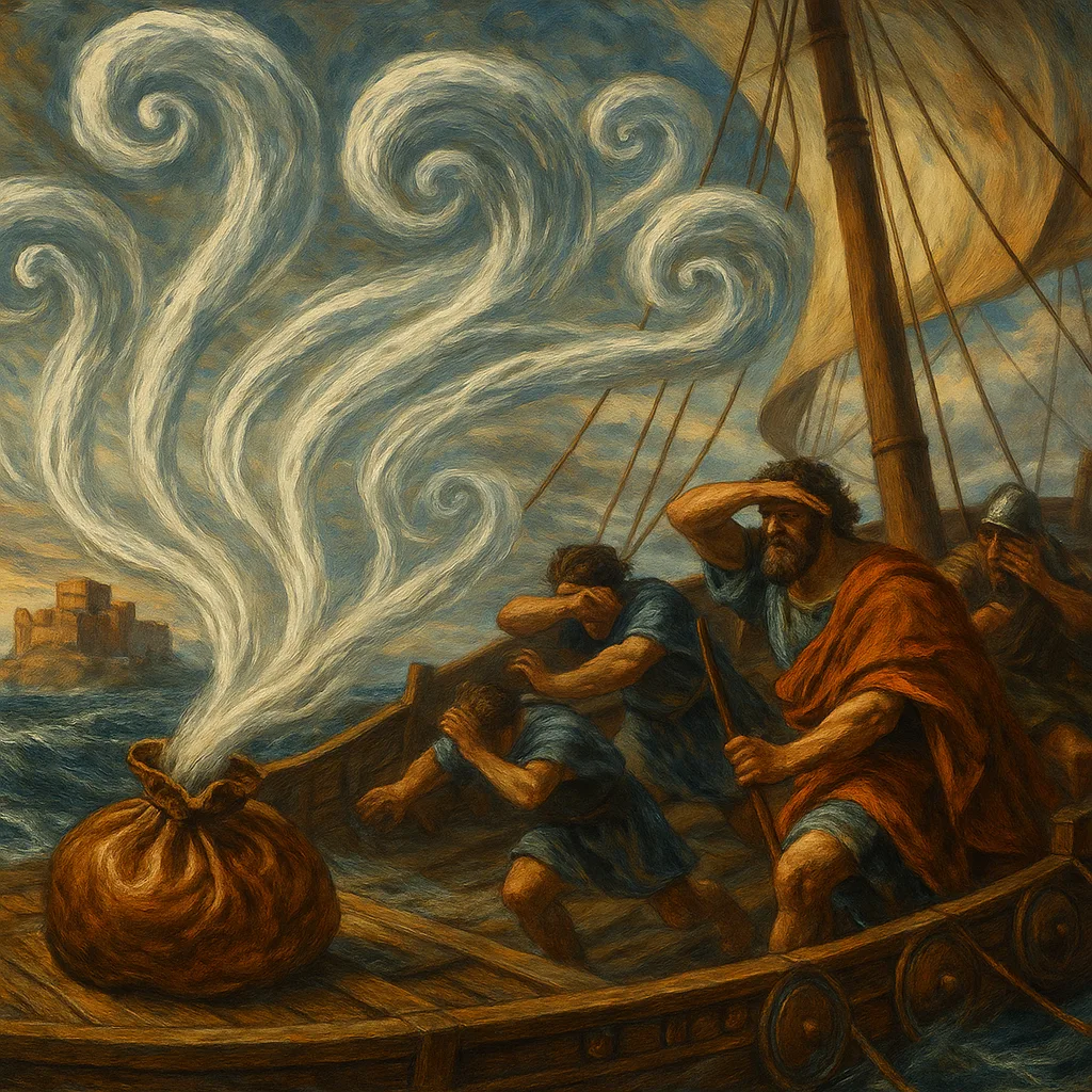 The great leather bag of Aeolus bursting open, winds spiraling over the sea.