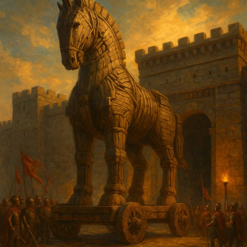 The colossal wooden horse of Troy standing before the city gates at dawn.