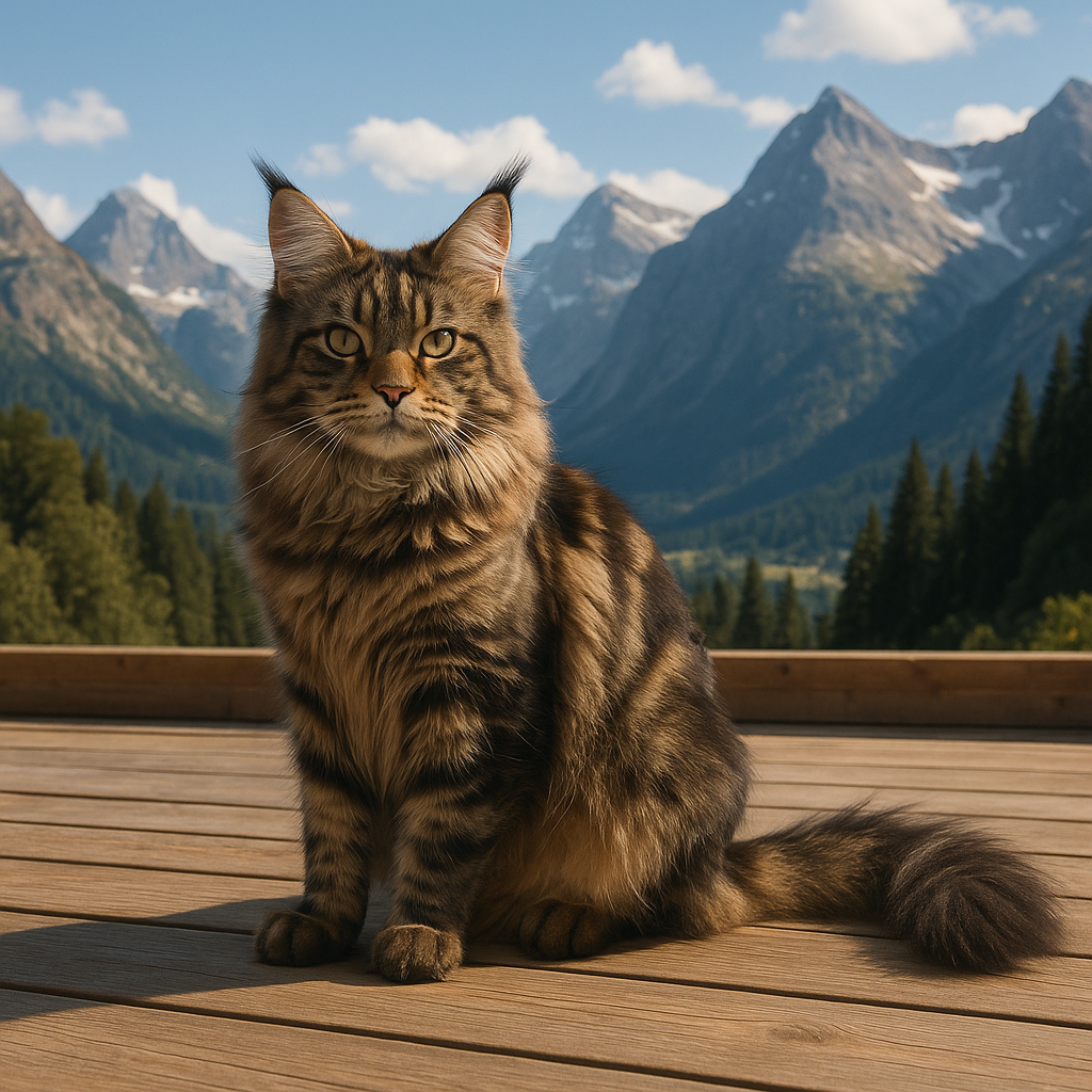 Enjoy assembling a puzzle depicting a fluffy tabby cat lounging on a wooden deck with a dramatic mountain valley behind it.